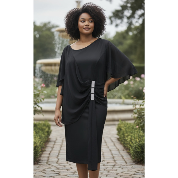 Hanna Nikole Dresses & Skirts - Hanna Nikole Black Chiffon Dress Rhinestone Drape Cape Overlay Formal Size 18w